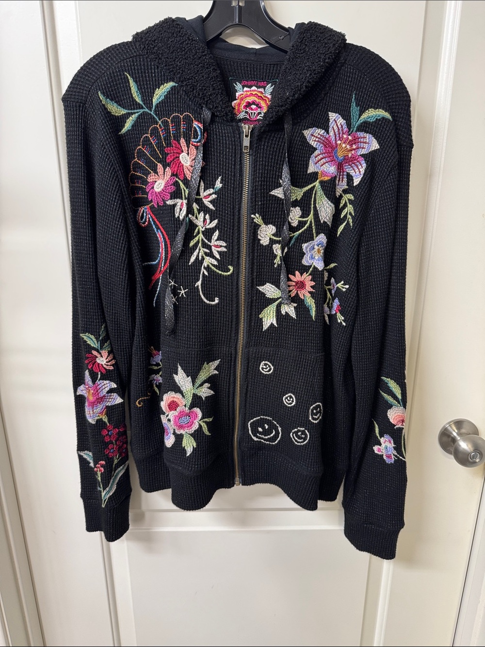 Johnny Was Black Zip Sweater with Pink, Yellow & Teal Embroidery